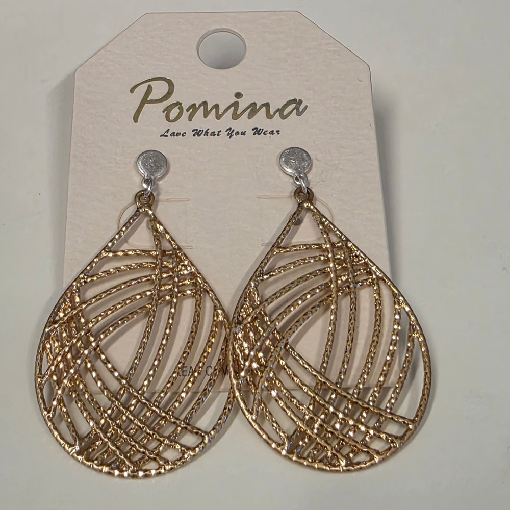 NEW Pomina Gold Tone Openwork Lattice Teardrop Statement Earrings HE4833WSWG